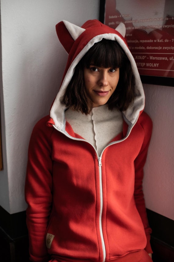 Cat Ear Zip-Up Hoodie, Women's Fleece Lined Cotton Sweatshirt