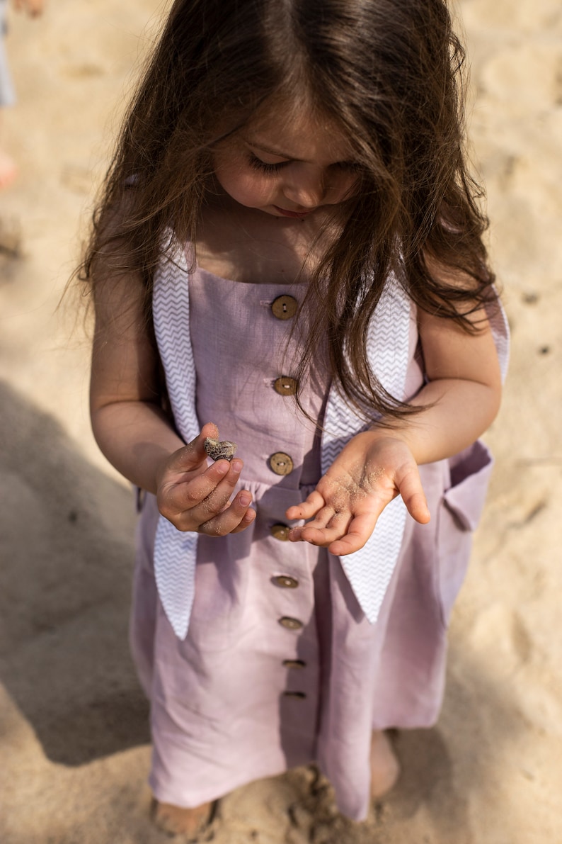 Cute lilac linen dress Baby girl pink dress Girls/' suit with bunny ears Birthday gift for toddler