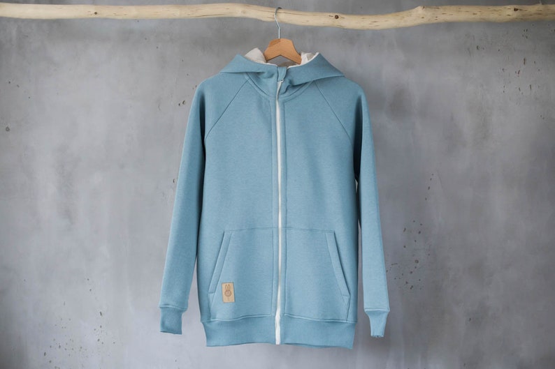 Men's mint hoodie with rabbit ears // Zipped streetwear hoodie // Blue men cotton sweatshirt // Boyfriend gifts image 2