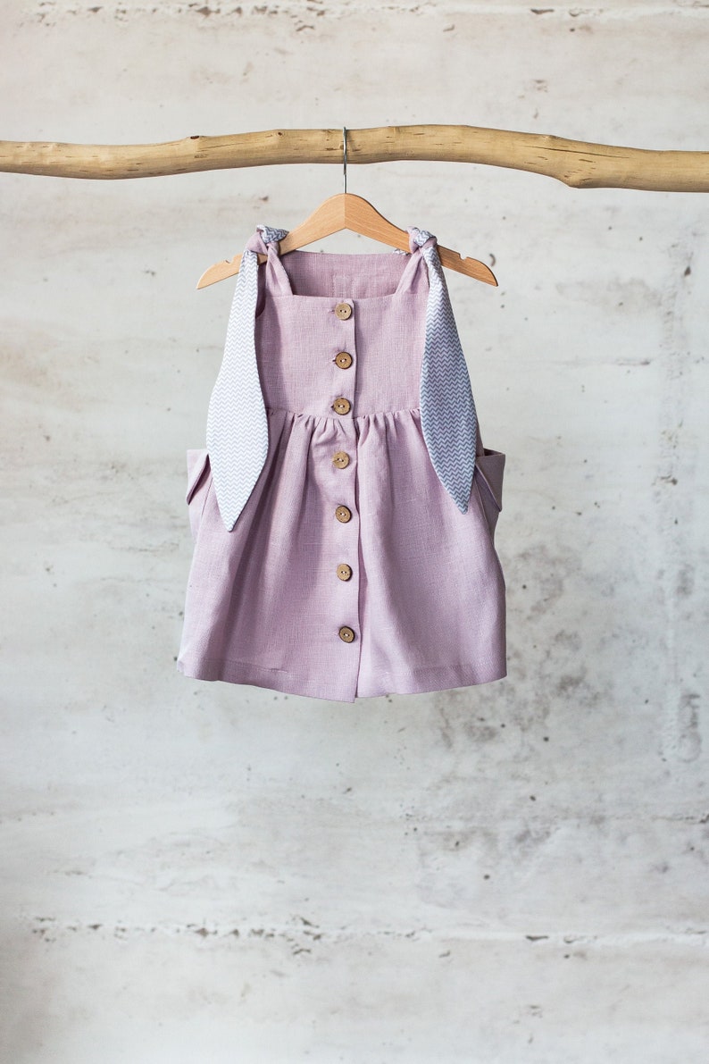 Cute lilac linen dress Baby girl pink dress Girls/' suit with bunny ears Birthday gift for toddler