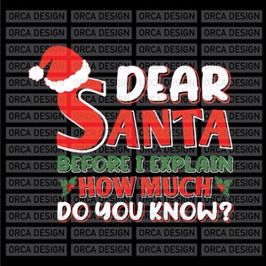 May include: A Christmas-themed graphic with the text "Dear Santa, Before I Explain, How Much Do You Know?" in red, white, and green. A Santa hat is above the word "Santa". The design is on a black background.