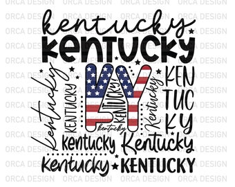 Może przedstawiać: Projekt graficzny z napisem "Kentucky" w różnych czcionkach i stylach. Litery "KY" są wypełnione wzorem amerykańskiej flagi. Gwiazdy i kropki są używane jako elementy projektu.
