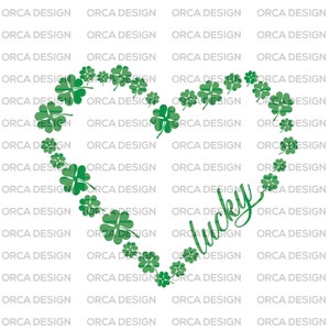 May include: A green four-leaf clover design in the shape of a heart with the word "lucky" written inside. The design is surrounded by a white background with the text "ORCA DESIGN" repeated.