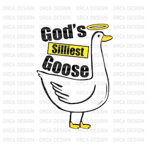 Könnte beinhalten: Eine Schwarzweißillustration einer Gans mit einem Heiligenschein über dem Kopf. Die Gans trägt ein gelbes Banner mit der Aufschrift "God's Silliest Goose".