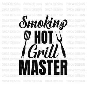 May include: Black and white graphic design with the text "Smoking Hot Grill Master" with a spatula and a grilling fork on either side of the text.