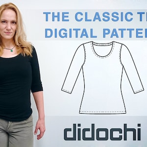 Plus Size Women&#39;s Casual T-Shirt PDF Sewing Pattern * Digital Sewing Pattern * Sizes 12-28 US (44-60 EU) * 3/4 Sleeves and Neckline Facing