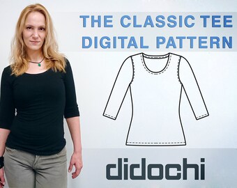 Plus Size T-Shirt Digital Sewing Pattern: Women's 3/4 Sleeve Top (Sizes 12-28 US)