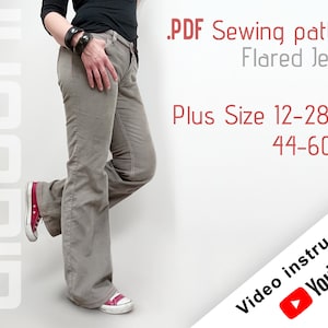 May include: A PDF sewing pattern for flared jeans in sizes 12-28 US and 44-60 EU. The pattern includes video instructions available on YouTube.