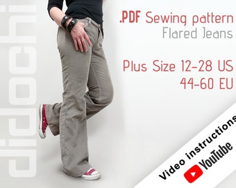 Patrón de costura de jeans de talla grande PDF Jeans de pierna acampanada