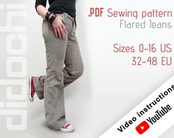 PDF Jeans Sewing Pattern Flared Leg Jeans, Sizes US 0-16