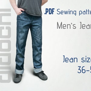 May include: A PDF sewing pattern for men's jeans, sizes 36-52. The pattern is shown on a model wearing a pair of blue jeans.
