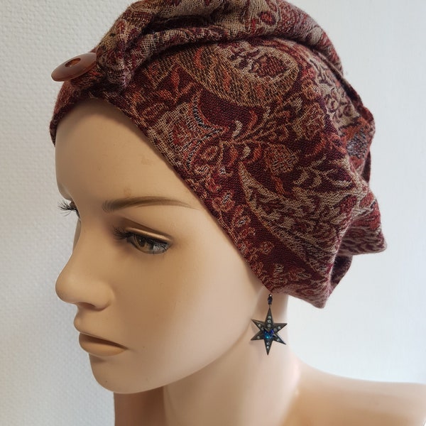 Turban aus reinem Kaschmir variabel zu tragen Paisley Schal Tuch Rundschal Kopftuch Beanie Mütze Stirnband Chemomütze rotbraun Unikat