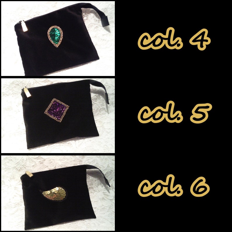 May include: Three black velvet pouches with different colored sequins. The first pouch has a green teardrop-shaped sequin, the second pouch has a purple square sequin, and the third pouch has a gold paisley-shaped sequin. The pouches are labeled "col. 4", "col. 5", and "col. 6".