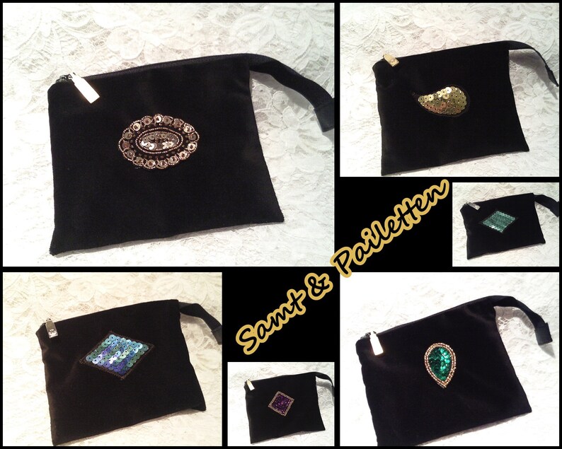 May include: Five black velvet pouches with different sequin designs. The pouches have a zipper closure and a small strap. The text "Samt & Pailetten" is visible in the image.