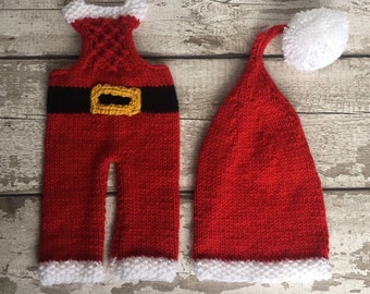 Knitted Baby Santa Outfit, Father Christmas Dungarees and Santa