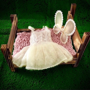 Fairy princess dress and pants set for newborn and sitter (6-9 months) baby girl photo shoot prop, hand knitted mohair, pink, cream