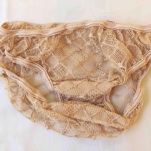 May include: Tan-colored lace underwear. The delicate garment features an intricate floral pattern and a scalloped trim along the edges. The elastic waistband and leg openings are trimmed with a thin, ribbed fabric.