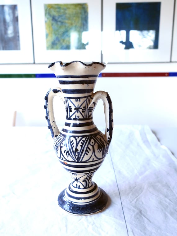 Vintage Vase Orientalisch Amphore IAFI Creme blaues Muster