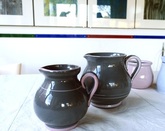 Vintage two-handle jugs in gray-blue with old-pink trimmings