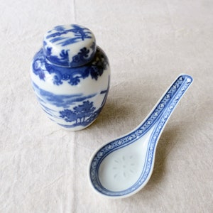 Vintage Chinese Porcelain Tea Tin and Rice Spoon