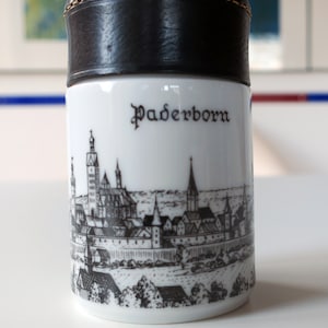Vintage lid can porcelain with leather lid and inscription: Paderborn