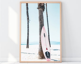 Coastal Surfing Beach Print, Calm Ocean, Surf Board, Beach, Digital Image, Digital Poster Download, Minimalist Art Style Decor, Wall Gallery