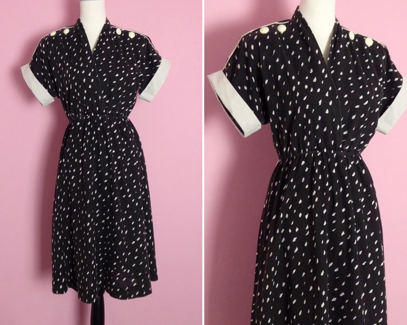 vintage dress in washed black with white brushstroke spot print and button detail 80s 8 10