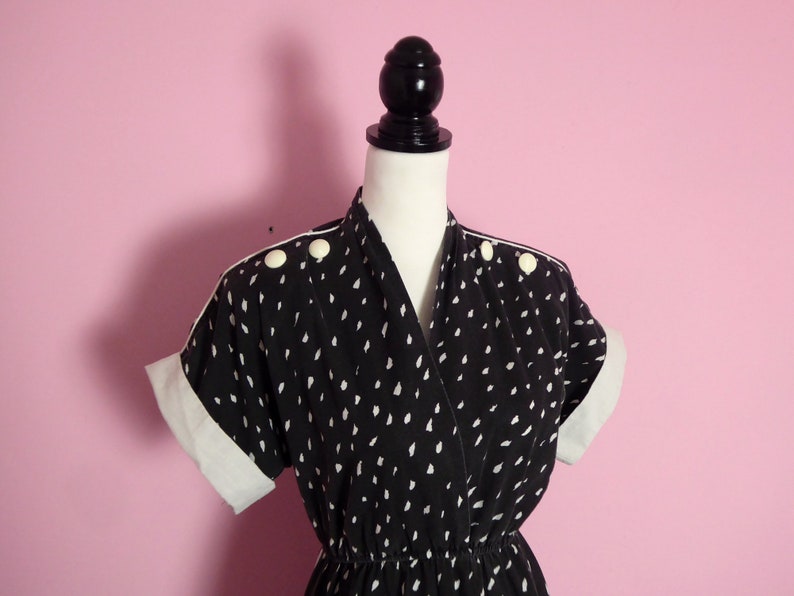 vintage dress in washed black with white brushstroke spot print and button detail 80s 8 10