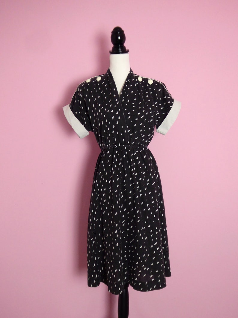 vintage dress in washed black with white brushstroke spot print and button detail 80s 8 10