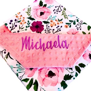 Personalized Baby Girl Blanket, Floral Baby Blanket, Embroidered Minky Baby Blanket