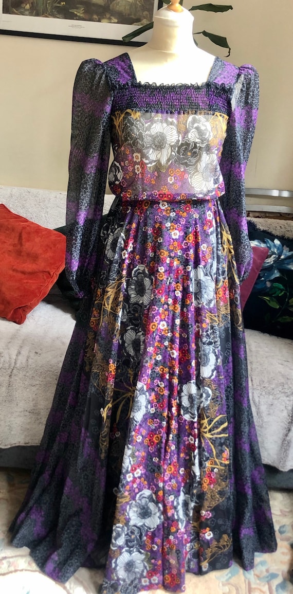 Vintage 1970s purple floral sheer puff sleeve maxi