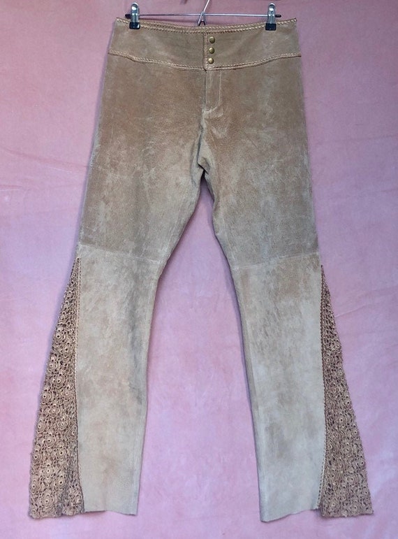 VTG 70s-style real leather crochet bell bottoms fl
