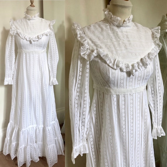 Vintage 1960s ruffled white prairie wedding dress