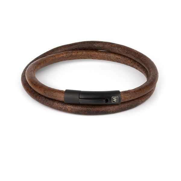 Mens Arcas Antique Brown Leather Bracelet, Reliability and Harmony, Double Wrap, Stainless Steel Clasp, Wristband, Gift for Him, Men Gift