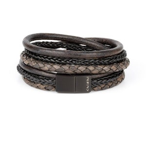 Handgemaakte dubbele leren wikkelarmband, antiek zwart met roestvrijstalen sluiting, meerlaags, leren herenpolsband, perfect cadeau voor hem