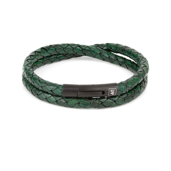 Mens Arcas Green Braided Leather Bracelet, Warm and Comfort, Double Wrap, Stainless Steel Clasp, Wristband, Gift for Him, Men Gift