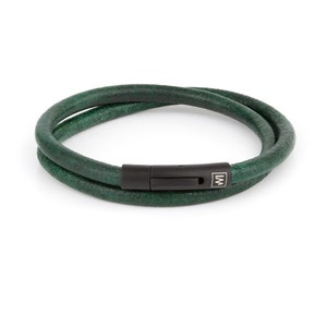 Mens Arcas Green Leather Bracelet, Reliability and Harmony, Double Wrap, Stainless Steel Clasp, Wristband, Gift for Him, Men Gift