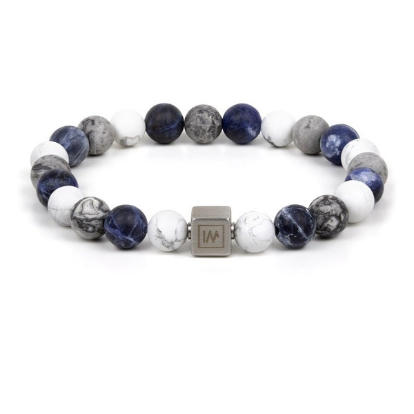 Howlite, Sodalite And Grey Picasso Jasper Beaded Stretch Bracelet, Men Luxury Premium Stone Beads Bracelet Gift for Him made in Europe, Mala