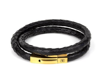 Black Python Leather Bracelet: Gold Stainless Steel Clasp, Exotic Style