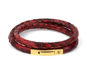 Natural Red Python Leather Bracelet / Natural snake skin / Stainless Steel / Gold Color / Snakeskin Leather Bracelet / Luxury Style /Premium