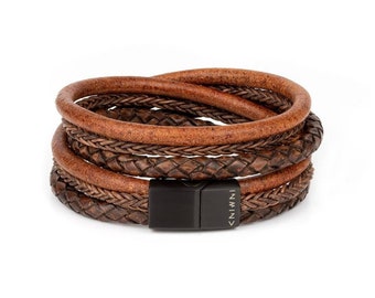 Mens Brown Braided Leather Bracelet TwoSix Russet, Double Wrap, Stainless Steel Clasp, Leather Wristband, Gift for Him, Cuff, Gifts for Dad