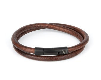 Mens Cognac Leather Bracelet: Double Wrap Stainless Steel Clasp