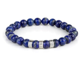 Lapis Lazuli Beaded Stretch Bracelet with Sterling Silver Spacers, Luxury Bracelet, Premium Stones, Gift for Him, made in EU, Brand Bracelet