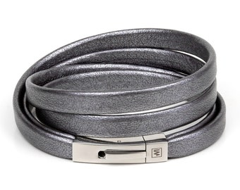 Grey Leather Wrap Bracelet: Stainless Steel Clasp, Handmade Cuff