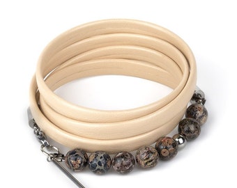 Leopard Skin Jasper Beaded Leather Wrap Bracelet: Beige Boho Jewelry