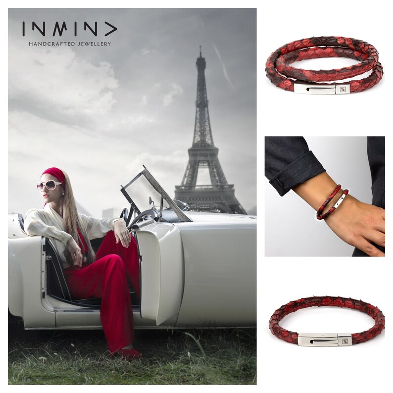 Puede incluir: Dos pulseras de cuero rojo con cierre de plata. Las pulseras se muestran sobre un fondo blanco y en la mu&ntilde;eca de una persona.