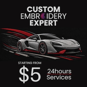 Può includere: Una grafica digitale con il testo CUSTOM EMBROIDERY EXPERT sopra un'illustrazione stilizzata di un'auto sportiva argentata con accenti rossi. L'auto appare in movimento con strisce rosse e nere sullo sfondo. In basso il testo $5 e 24hours Services.