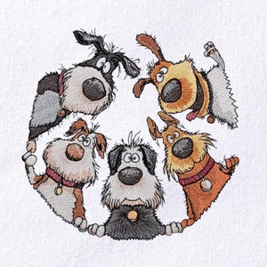 May include: Embroidered design of five cartoon dogs in a circle, each with expressive eyes and different fur colors: black, brown, tan, and gray. The dogs are wearing red collars with tags. The design is on a white background.