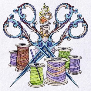 May include: An embroidered design featuring a pair of ornate scissors, a lit candle, and several spools of thread in various colors. A needle is also present. The design is set against a white background, suggesting a craft or sewing theme.