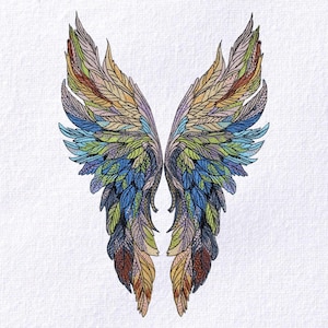 May include: A colorful illustration of stylized angel wings. The wings feature a variety of colors, including blue, green, yellow, and purple, with detailed feather patterns. The artwork is set against a white background.